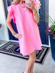 Checkerboard Leisure Vacation Pink Ruffle Sleeve Dress - Pink - View 7