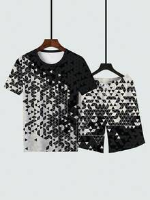 Zero limit Plus Size Men Sportwear Set, Regular Fit, Geometric Triangle Print Pattern Casual Outfit T-Shirt & Shorts 2 Pieces Set, Suitable Gift For Boyfriend, Husband, Father, Golf, Fishing, Basketball, Camping, Gym, Swimming, Beach - Black - View 3