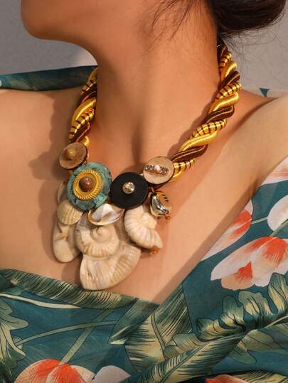 1 件夸张编织海星、贝壳和海螺波西米亚多色项链，时尚独特的设计适合女性晚会、度假和日常穿着