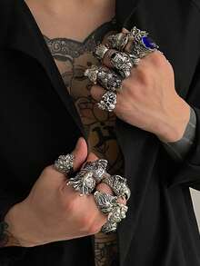 16pcs Punk Style Sheep/Tiger Head/Skull Finger Rings, Black/Blue Crystal Embellished, Men's Casual Daily Wear - Antique Silver - View 2