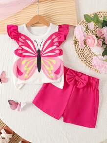 2pcs/Set Baby Girls Cute Bow Print Cap Sleeve Top + Solid Bow Decor Casual Shorts Set