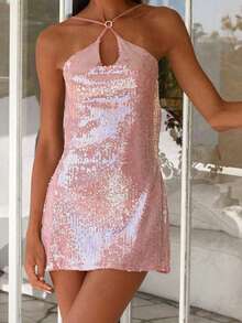Womens Y2K Sequins Mini Dress Sleeveless Spaghetti Strap Backless Dress Summer Club Party Dress - Hồng - Xem 2