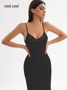 1 pezzo Abito da donna con spalline a spaghetti di nuova , tinta unita, abito sottoveste semplice ed elegante con inserti in pizzo, scollo a V, adatto per primavera e estate