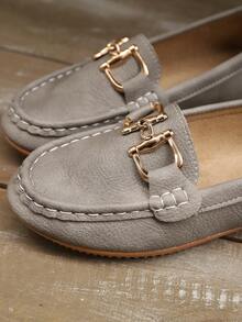 New Lightweight Casual Slip-On Loafers For Women, Versatile, Breathable For Daily Commute & Vacation, Lace-Up Round Toe, Lightweight Lychee Texture Leather Upper, Grey - Grey - View 6