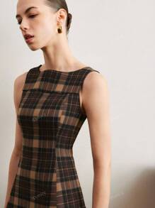 Elegant Plaid Sleeveless Women Summer Casual Mini Dress, Round Neck Checkered Minimalist Short Dress, Slim Fit A-Line Skirt Suitable For Commuting, Office, And Leisure Daily Wear