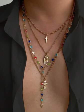 4pcs Retro Luxurious Multicolor Crystal Cross Necklaces, Men's Unique Hip-Hop Charm Accessory, Casual/Party Jewelry, Perfect Gift For Friends