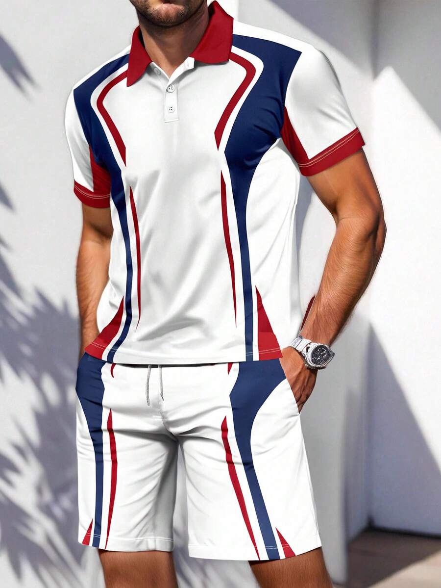 Men's Colorblock Print Short Sleeve Polo Shirt And Shorts Set - Multicolor - View 1