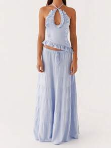 Women's Summer Casual 2 Piece Skirt Outfits Halter Neck Ruffle Trim Tops Long Flowy Skirt Set - 藍色 - 查看 1