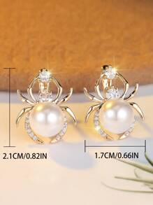 1 par de exquisitos pendientes dorados de araña con circonita cúbica blanca y perla falsa, un regalo de joyería para mujeres y niñas, regalo de cumpleaños