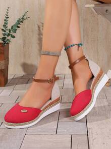 2026 Nuevos zapatos de mujer, zapatos de pescador trenzados con cuerda, sandalias de cuña huecas con hebilla de correa abierta de primavera/verano - Rojo - Ver 3