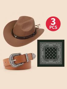 3 Stück/Set Westlicher Cowgirl Anzug für Kinder, Cowboyhut, Bandana, Gürtel für Halloween, Ostern, Cowgirl Kostüm Accessoires