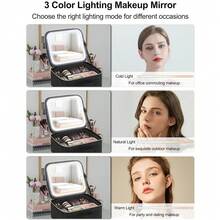 YTWO 带镜子的 LED 照明化妆包、豪华旅行化妆收纳包、带 3 个可调亮度灯镜的化妆品收纳盒、女士化妆刷珠宝配件隔层、新娘派对化妆包 - 彩色 - 查看 9