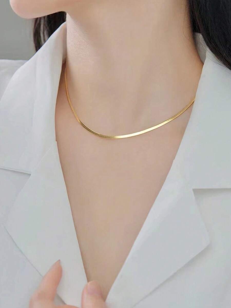 1pc Stainless Steel Flat Snake Chain Necklace For Women, Simple Design