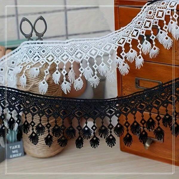2 Yard Tassel Fringe Lace Trim - 3.35 Inch Wide Embroidered Water Soluble Ribbon For DIY Crafts, Clothing Hem, Skirts & Curtains (White, Black)
