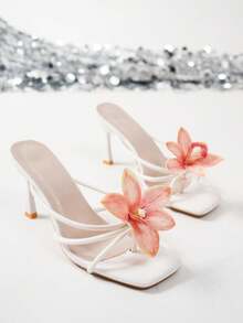 planare Women's Fashion Elegant Pointed Toe High Heel Sandals, Red & Yellow Colors With Floral Decor, Suitable For Casual, Party, Date, Daily Commute, Stable & Comfort, Stylish & Sophisticated Women's High Heel Sandals (Asymmetrical Flower Arrangement) - Red and Yellow - View 6