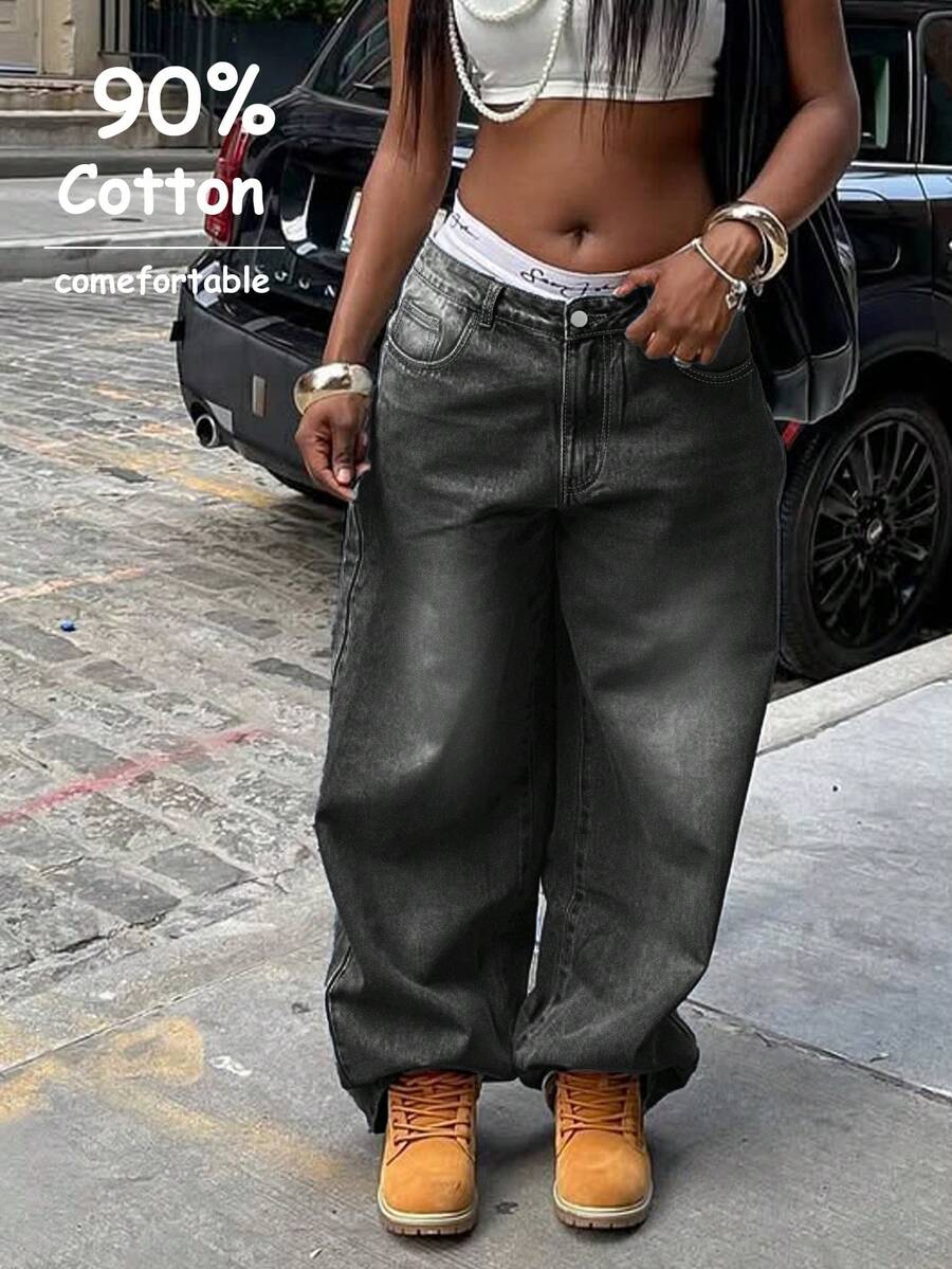 Quần jean ống rộng rách rách phong cách nghỉ dưỡng Y2K dành cho nữ - Màu xám đen - Xem 1