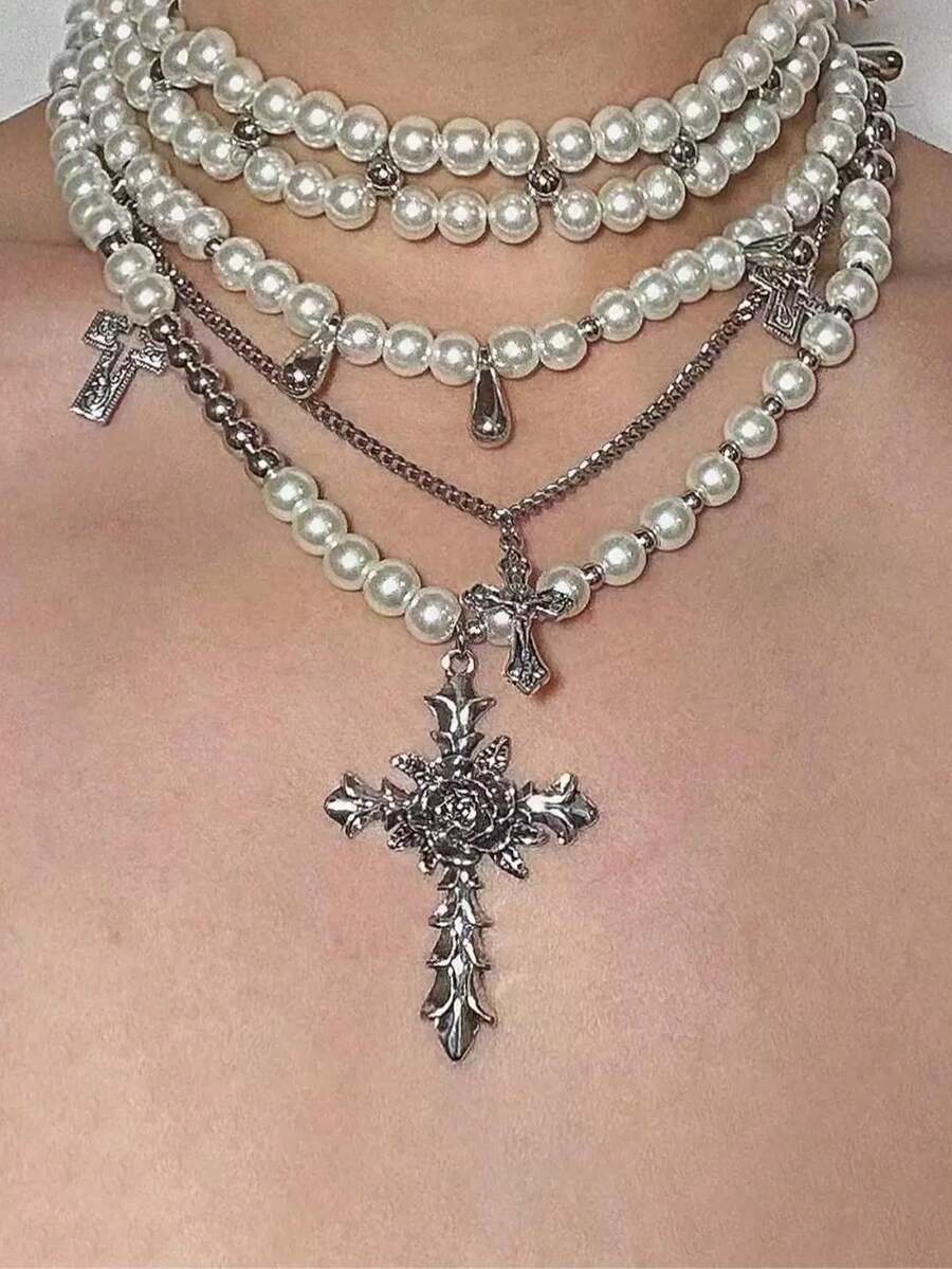 5-Layer Elegant Silver Cross & Faux Pearl Pendant Necklace For Men & Women - Multicolor - View 1