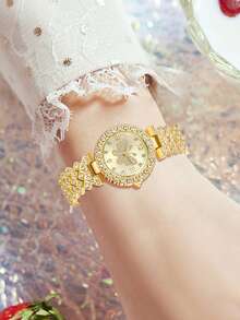 2pcs/Set Gold Tone Alloy Strap Women's Watch Set, Fashionable & Luxurious, Diamond Butterfly Dial Quartz Watch & Bracelet Set, Suitable For Daily Outfit Or Holiday Gift - Gold - View 2