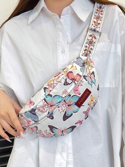 时尚尼龙蝴蝶图案新款韩版休闲小腰包，户外运动时尚简约腰包，女士手机零钱包