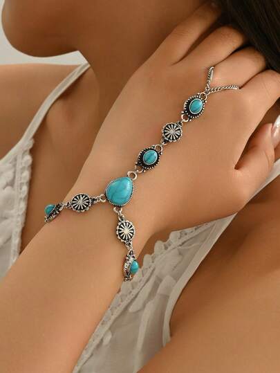 1 件复古波西米亚风几何金属合金手链，适合女士，复古绿宝石水滴花装饰独特设计戒指指链，适合日常、度假、礼物的多功能配饰