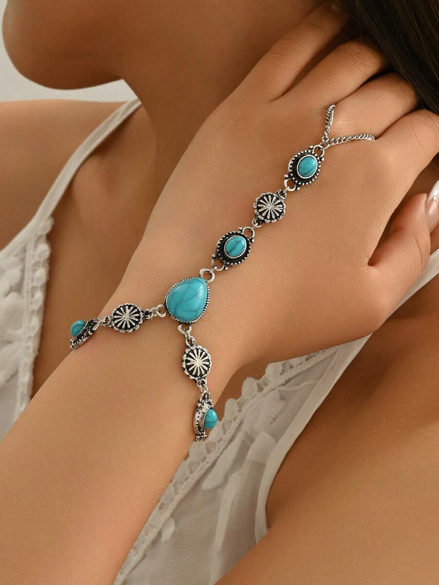 1 件复古波西米亚风几何金属合金手链，适合女士，复古绿宝石水滴花装饰独特设计戒指指链，适合日常、度假、礼物的多功能配饰 - 綠色 - 查看 1