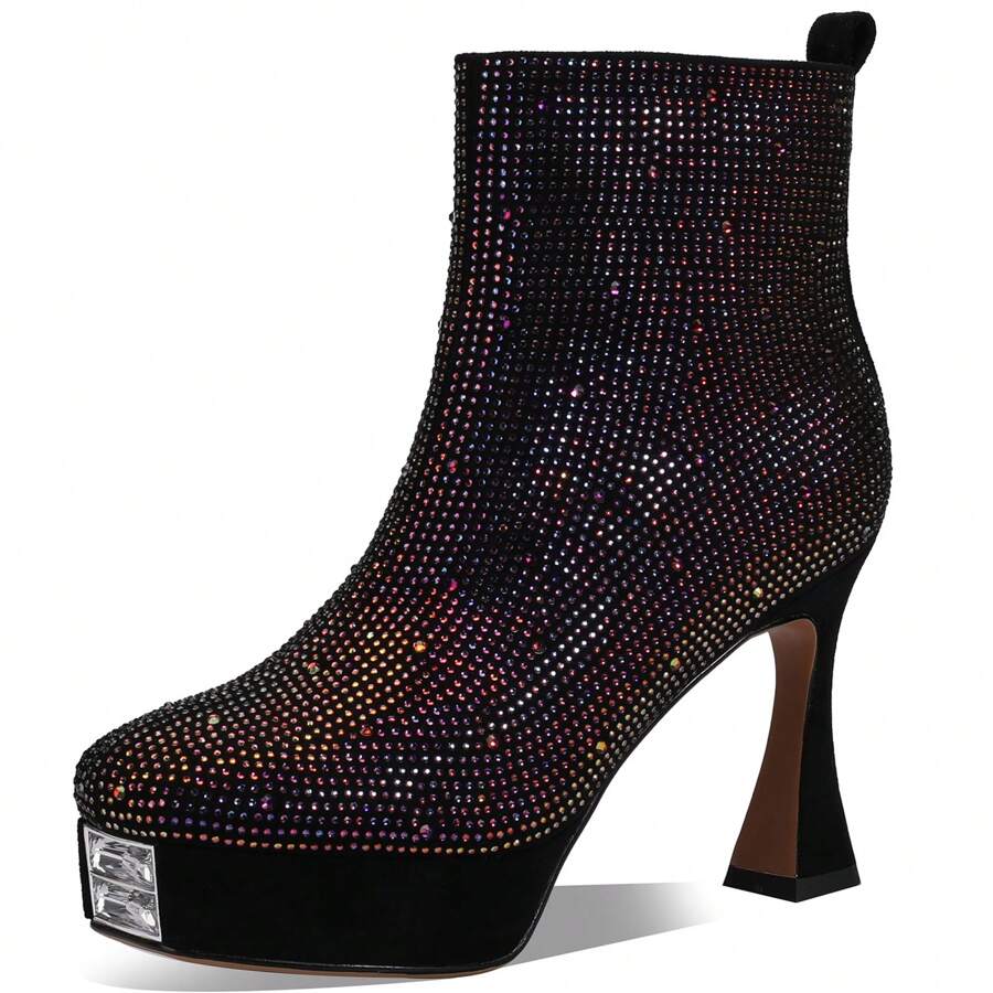 TDD Platform Boots For Women Rhinestone Crystal Square Toe Winter Ankle Extra Wide Calf Booties Faux Suede Botas Para Mujer Dress Ladies Comfortable Elegantes 4 Inch High Heels