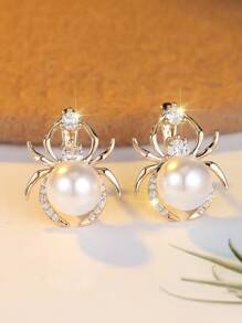 1 par de exquisitos pendientes dorados de araña con circonita cúbica blanca y perla falsa, un regalo de joyería para mujeres y niñas, regalo de cumpleaños