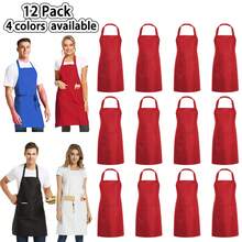 12-Pack Bib Aprons, Unisex Black Commercial Aprons With 2 Pockets, Unisex Black Solid Long Tie Aprons, Kitchen Cooking Aprons For Men And Women Chefs, Suitable For Painting, Grilling, Baking, Restaurants, Machine Washable - 紅色 - 查看 1