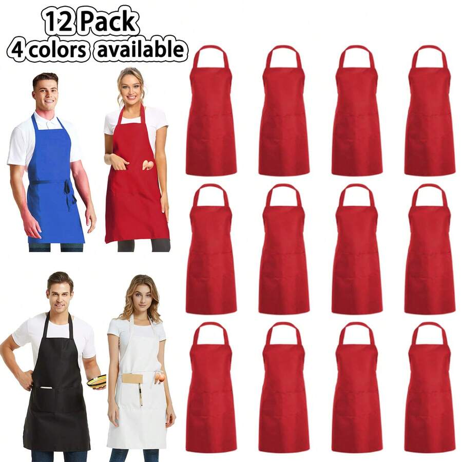 12-Pack Bib Aprons, Unisex Black Commercial Aprons With 2 Pockets, Unisex Black Solid Long Tie Aprons, Kitchen Cooking Aprons For Men And Women Chefs, Suitable For Painting, Grilling, Baking, Restaurants, Machine Washable - 紅色 - 查看 1