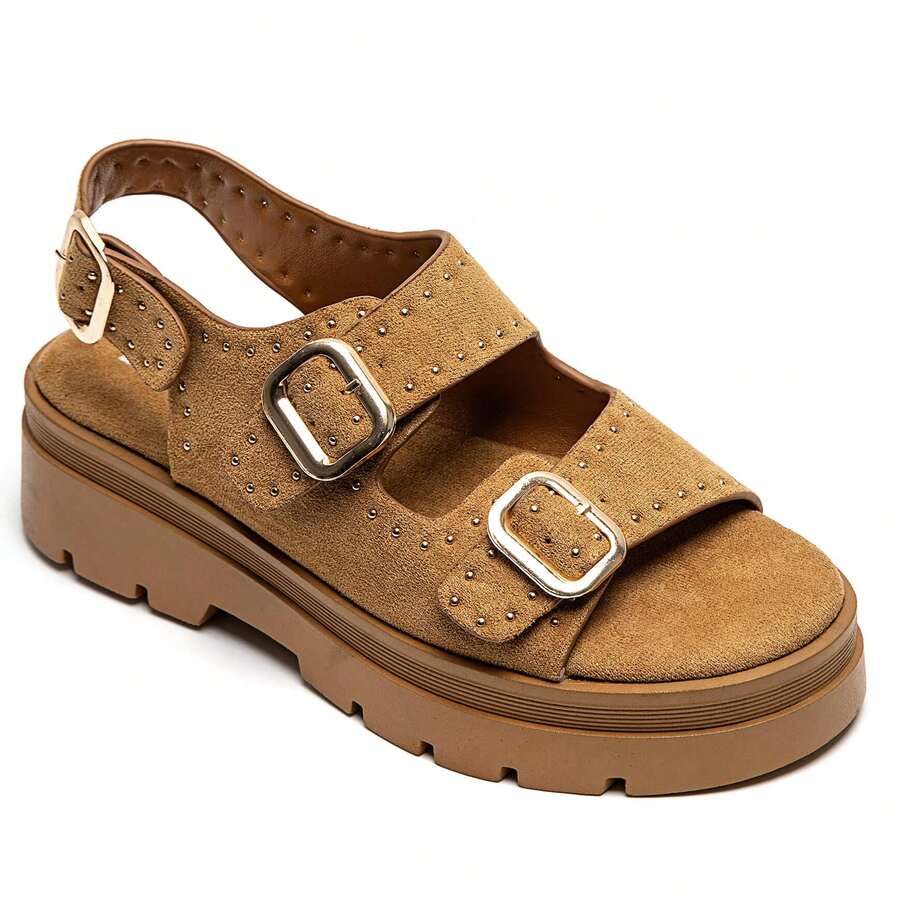 Platform Sandals With Double Buckles And Decorative Studs, Notched Sole - Camel - View 1