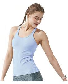 Yoga Racerback Tank Top For Women With Built In Bra,Women's Padded Sports Bra Fitness Workout Running Shirts - 淺藍色 - 查看 4