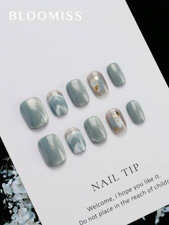 10 Pieces Of Handcrafted Press On Nails Short , Blue Nails , Cat's Eye Style , Summer Nails , Reusable Fake Nails