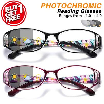 2-delat fotokromatiskt läsglasögonset, moderna färgskiftande linser med snygga bågar, ultralätta och bekväma för inomhus- och utomhusbruk
