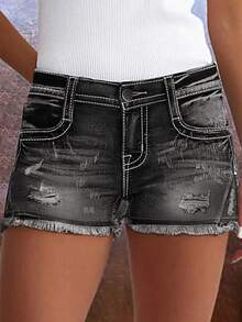 Women's Casual Washed Vintage Ripped Frayed Hem Fitted Denim Shorts - Grey - View 7