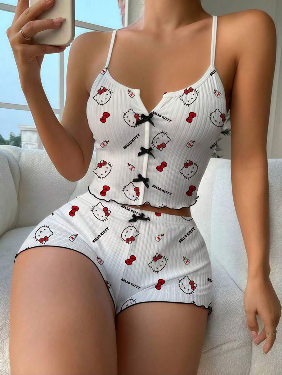 Sanrio 两件套女士三丽鸥Hello Kitty睡衣套装，夏季短裤+上衣家居服套装，春夏装，包含吊带背心和裤子，两件套，吊带睡衣套装 - 白色 - 查看 1