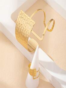 1 Set Geometric Open Bangle & Ring Jewelry Set, Gold Hammered Metallic Punk Style Gift For Everyday Wear - Gold - View 5