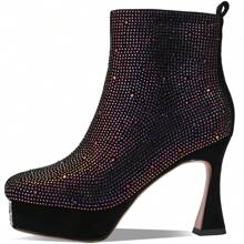 TDD Platform Boots For Women Rhinestone Crystal Square Toe Winter Ankle Extra Wide Calf Booties Faux Suede Botas Para Mujer Dress Ladies Comfortable Elegantes 4 Inch High Heels