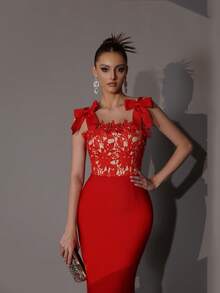 Modphy Czerwona seksowna bezrękawnikowa kokardka haftowana koronkowa sukienka bandażowa, elegancka formalna suknia wieczorowa dla druhny, sukienka imprezowa, dla gości weselnych - Czerwony - Zobacz 7