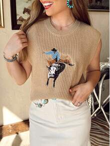 Acelitt Faux Leather Western Cowboy Embroidered Sleeveless Sweater - Khaki - View 1