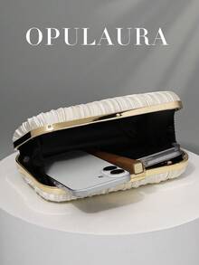 OpulAura Vintage Elegant Satin Party Clutch Bag, Pleated Design Fashion Evening Dress Purse, Charming & Exquisite Formal Party Handbag, Luxury Box Style Small Bag, Suitable For Party/Wedding/Formal Occasions, With Detachable Chain For Shoulder/Crossbody Wear, Clutch Bag For Wedding ,Wedding - Apricot - View 3