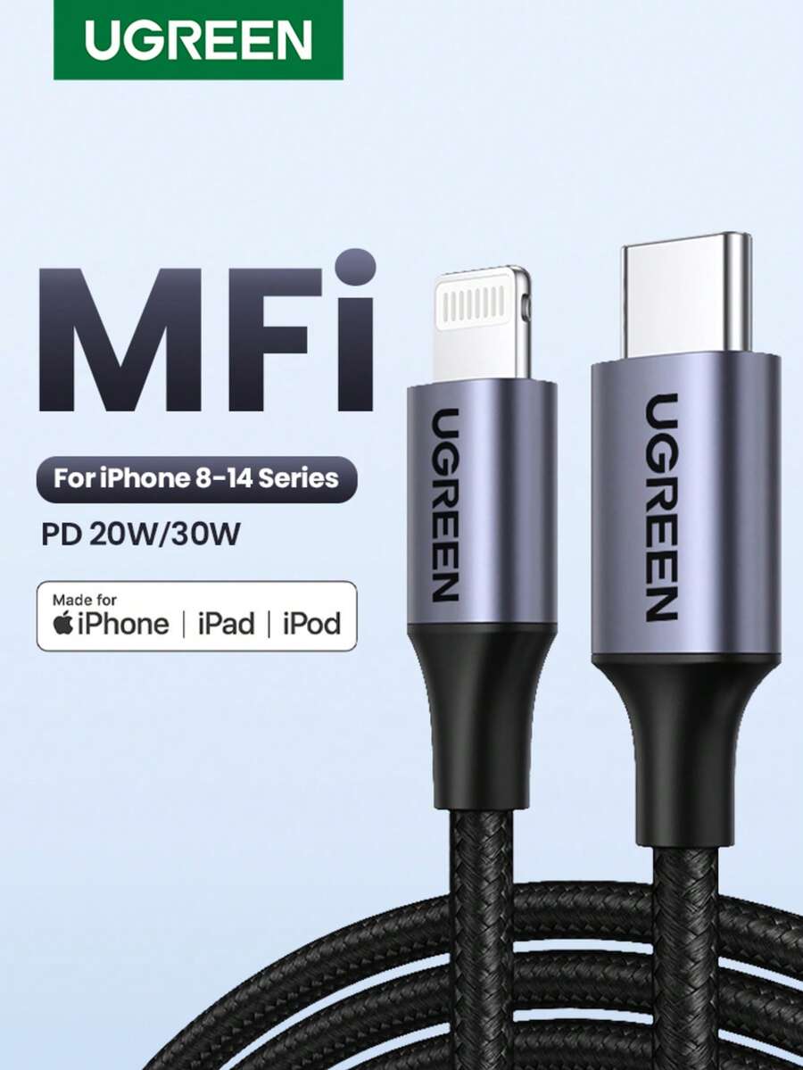 Cable UGREEN MFI PD 20W compatible con iPhone14 13 Pro Max 12 Pro Max 11 Pro, cable USB C a Lightning de carga rápida PD, sincronización de datos, trenzado de nailon, carga rápida certificada MFi - Negro - Ver 1