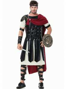 Conjunto de disfraz de guerrero espartano romano antiguo medieval: Escudo 30X30cm, Espada 48.5X13cm, Diadema + Atuendo (incluye capa) + 2 brazaletes + 2 muñequeras + 4 tobilleras Halloween - Multicolor - Ver 1