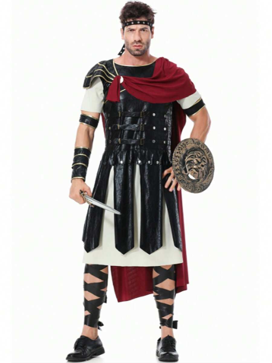 Conjunto de disfraz de guerrero espartano romano antiguo medieval: Escudo 30X30cm, Espada 48.5X13cm, Diadema + Atuendo (incluye capa) + 2 brazaletes + 2 muñequeras + 4 tobilleras Halloween - Multicolor - Ver 1