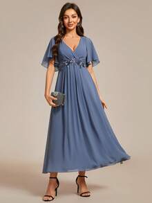 EVERPRETTY Elegant V-Neck Embroidered Ruffle Sleeve Appliques Pleated Chiffon Bridesmaid Dresses Formal Dress Wedding Guest Gown - Dusty Blue - View 4