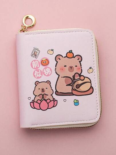 Billetera compacta de piel sintética con diseño lindo de Capibara - Billetera mini con cremallera y múltiples ranuras para tarjetas y monedero, fácil de limpiar, diseño de moda con oso de dibujos animados y elementos pastel, monedero de uso diario | Diseño juguetón | Billetera ligera