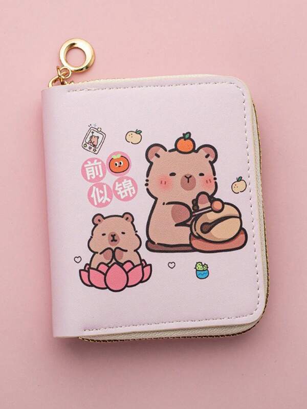 Cute Capybara Theme Compact Faux Leather Wallet - Lightweight Zipper Mini Wallet With Multiple Card Slots And Coin Pouch, Easy To Clean, Fashionable Design With Cartoon Bear And Pastel Elements, Daily Coin Purse | Playful Design | Lightweight Wallet