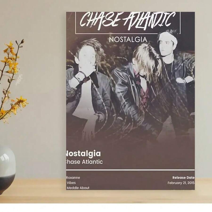 Framed  Chase Atlantic Nostalgia  Canvas Poster - Vintage-Inspired Wall Art With Band Members & Album Tracklist, Perfect For Bedroom & Living Room Decor, Ideal Gift For Music Lovers, Fan Merchandise | Vintageinspired Poster | Canvas Print, Music Room Decor