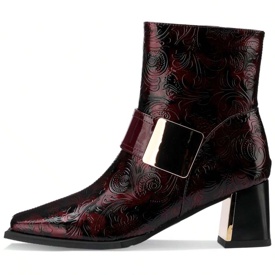 TDD Patent Leather Chelsea Boots For Women Square Toe Ankle Wide Calf Booties Botas Para Mujer Leather Chunky Block Dress Warm Lined Cowboy Cowgirl Ladies 2.5 Inch High Heels