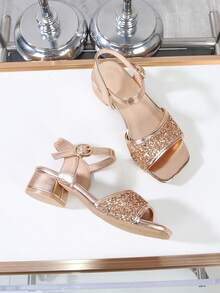 Sandálias Elegantes e Luxuosas com Brilho, Sandálias de Salto Alto Abertas, Sapatos Formais Respiráveis e Leves para Festas, Apresentações, Banquetes, Casamentos, Sandálias de Salto Alto com Bico Quadrado - Champanhe - Visão 3