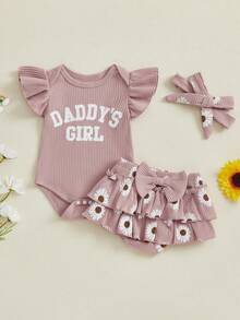 Ropa de bebé niña "Bestia de tía", enterizo con texto "Niña de papá", falda de volantes en forma de margarita, conjunto de salida del hospital para recién nacido - Rosa - Ver 6